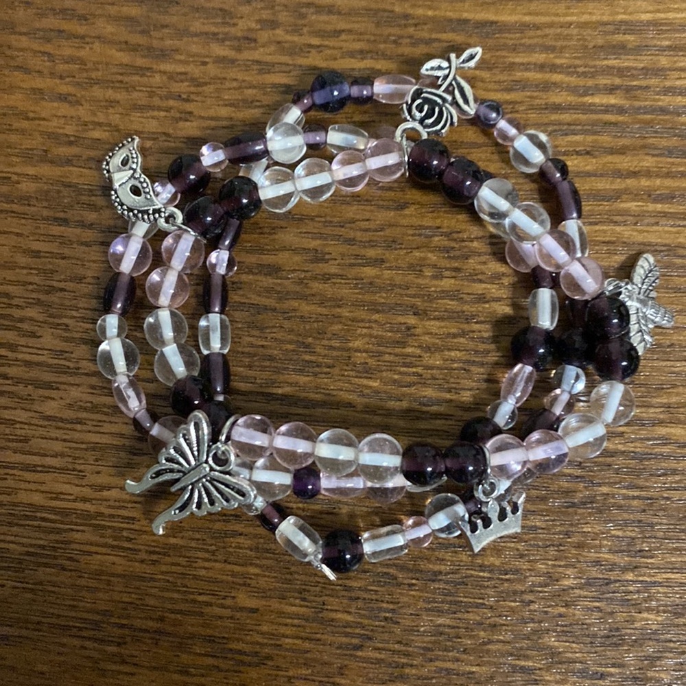 Purple Clear and Pink Glass Beaded Charm Stretch Bracelet